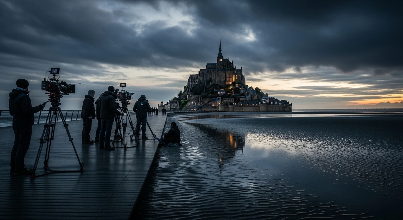 Mont Saint-Michel filming location in France with dramatic coastal skyline